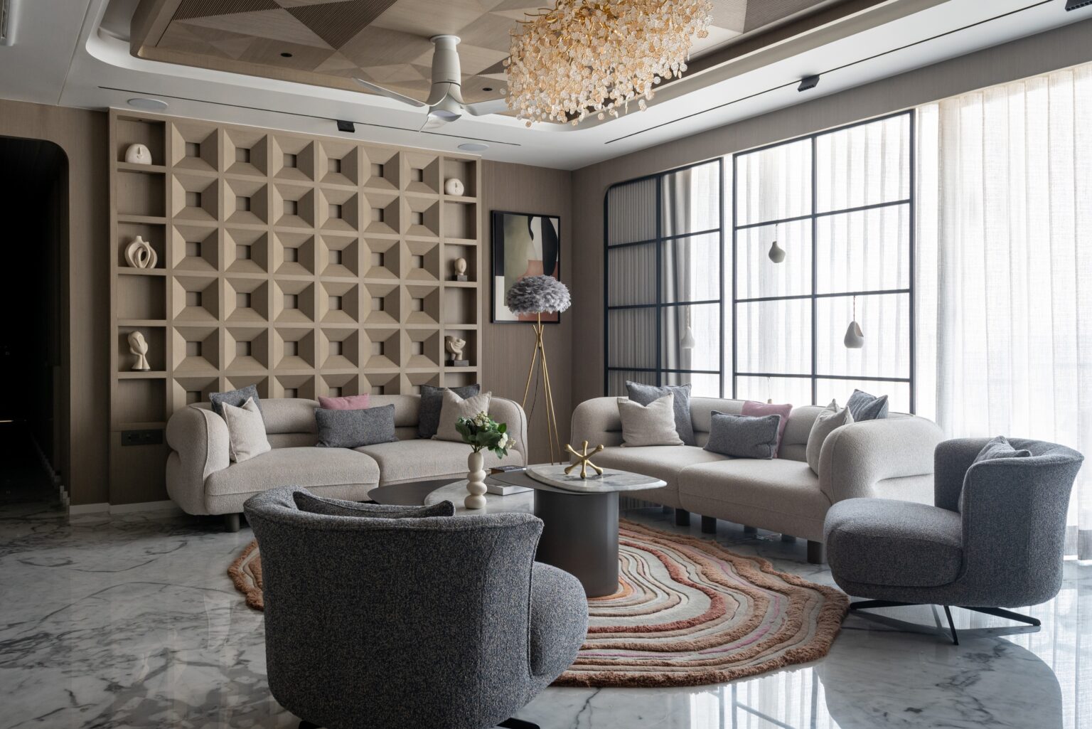 Luxurious Living Room with veneer paneling and statuario marble flooring.